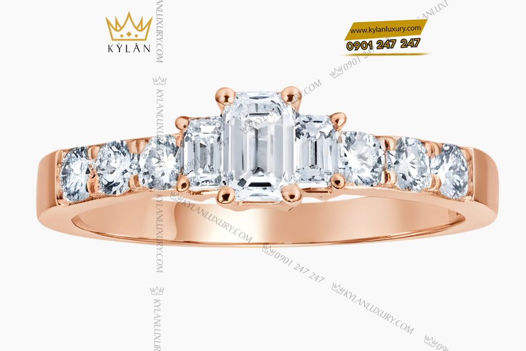 Nhẫn nữ vàng hồng Au750 đính kim cương baguette 2 Nhẫn nữ vàng hồng Au750 đính kim cương baguette