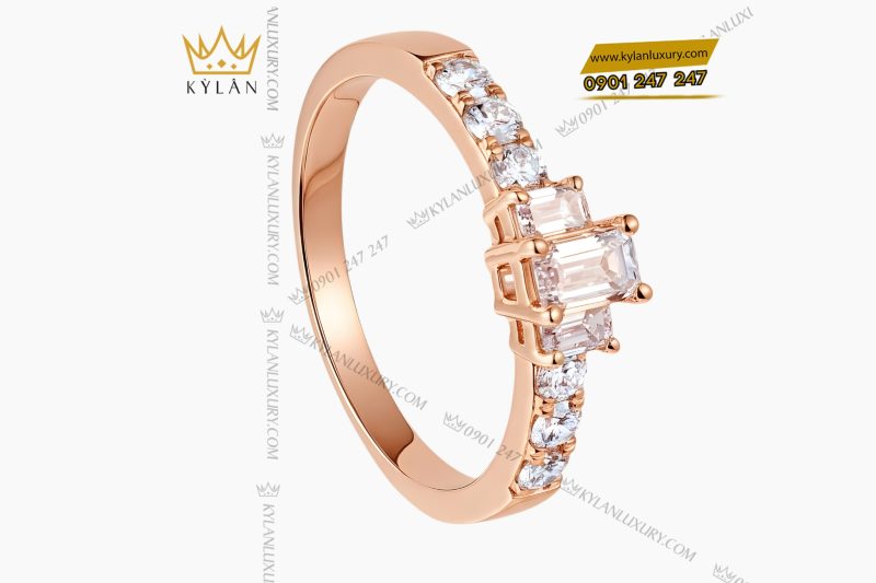 Nhẫn nữ vàng hồng Au750 đính kim cương baguette