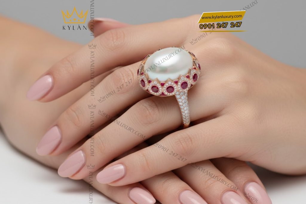 Nhẫn nữ vàng hồng Au750 đính kim cương và đá quý