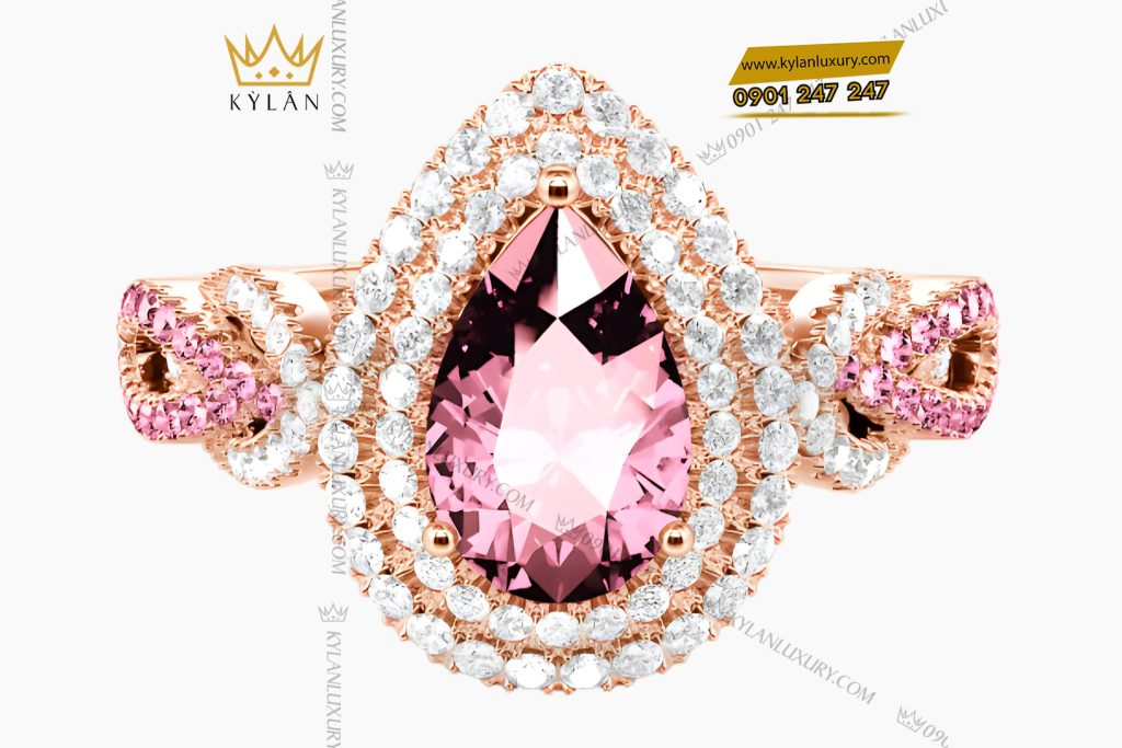 Nhẫn nữ vàng hồng Au750 đính kim cương và đá quý hồng 2 Nhẫn nữ vàng hồng Au750 đính kim cương và đá quý hồng