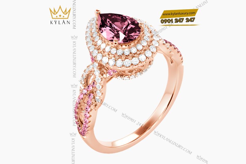 Nhẫn nữ vàng hồng Au750 đính kim cương và đá quý hồng
