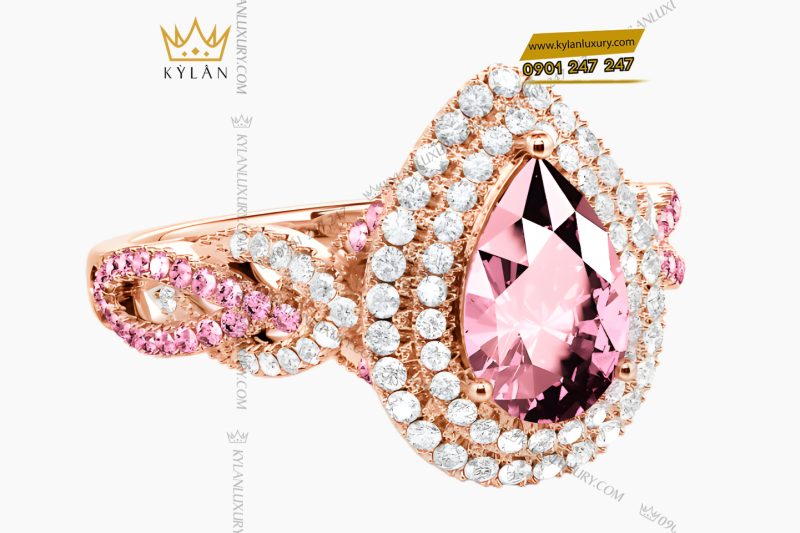 Nhẫn nữ vàng hồng Au750 đính kim cương và đá quý hồng