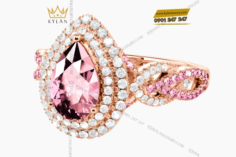 Nhẫn nữ vàng hồng Au750 đính kim cương và đá quý hồng