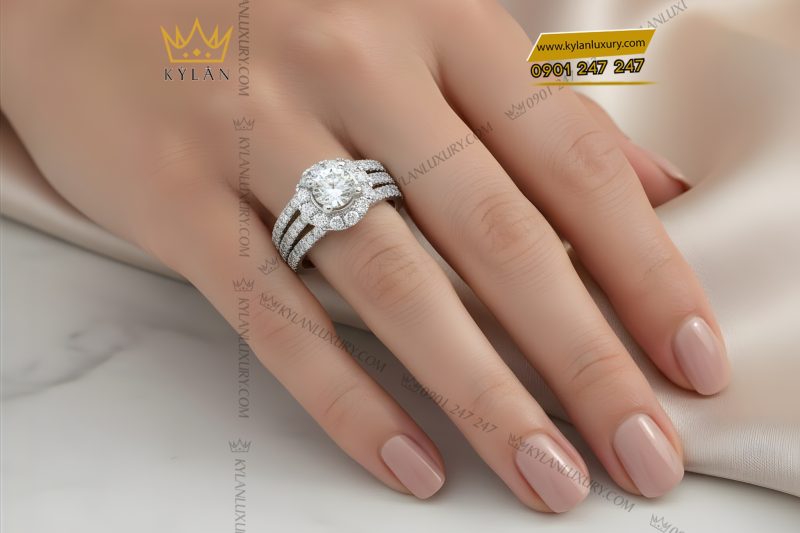 Nhẫn nữ vàng trắng Au750 đính kim cương