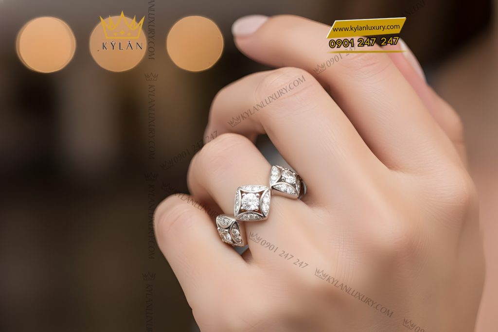 Nhẫn nữ vàng trắng Au750 đính kim cương