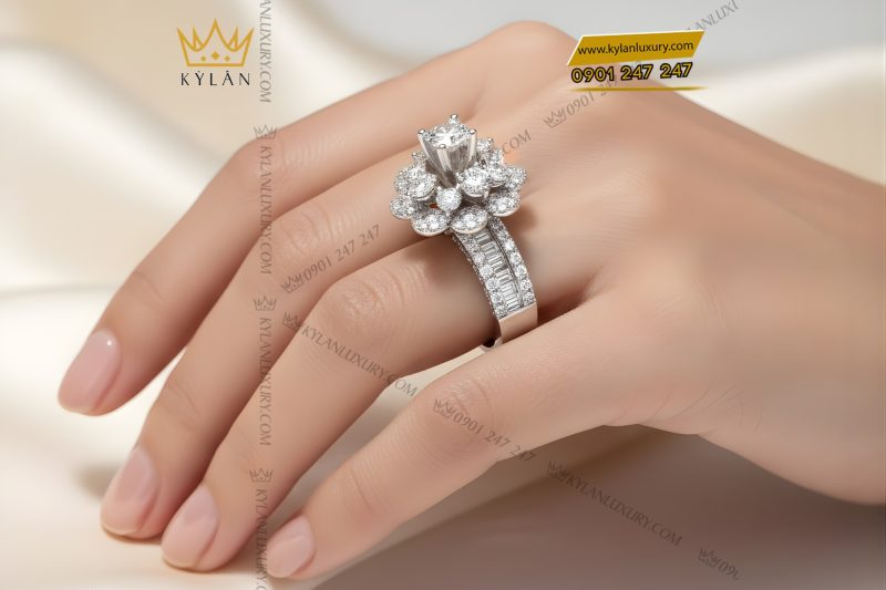 Nhẫn nữ vàng trắng Au750 đính kim cương