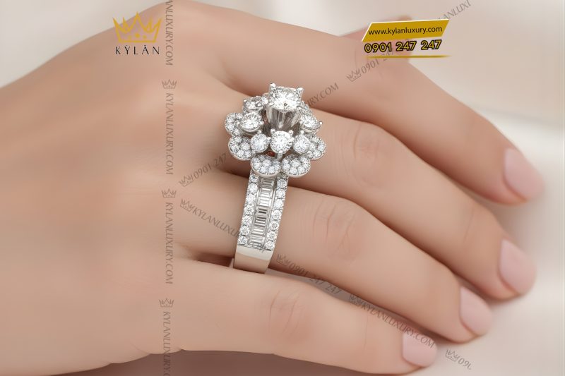 Nhẫn nữ vàng trắng Au750 đính kim cương