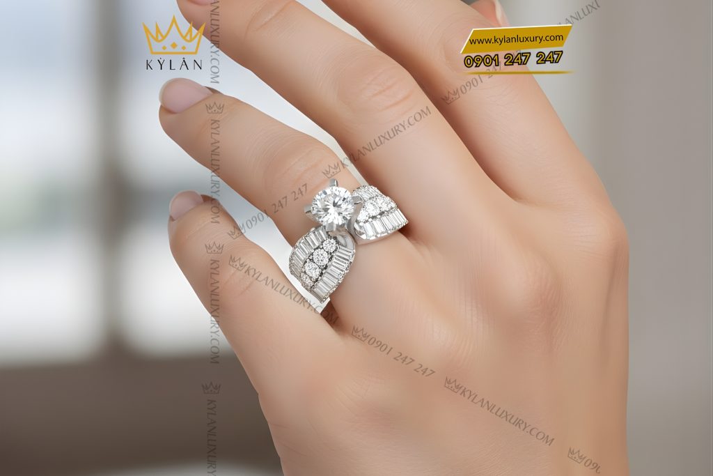 Nhẫn nữ vàng trắng Au750 đính kim cương