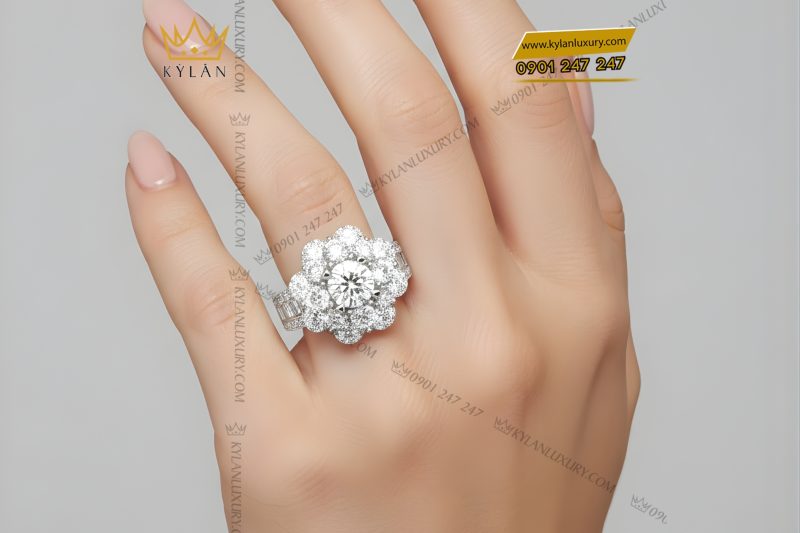 Nhẫn nữ vàng trắng Au750 đính kim cương