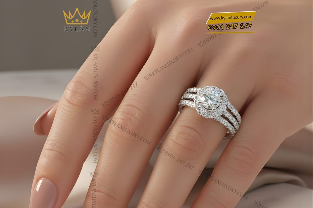 Nhẫn nữ vàng trắng Au750 đính kim cương 14 Kỳ Lân Luxury Nhan nu vang trang Au750 dinh kim cuong 9 2 Nhẫn nữ vàng trắng Au750 đính kim cương