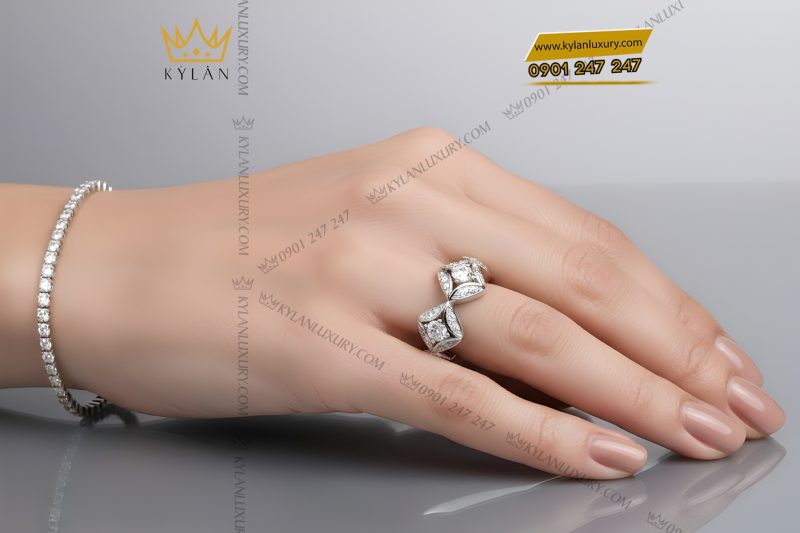 Nhẫn nữ vàng trắng Au750 đính kim cương