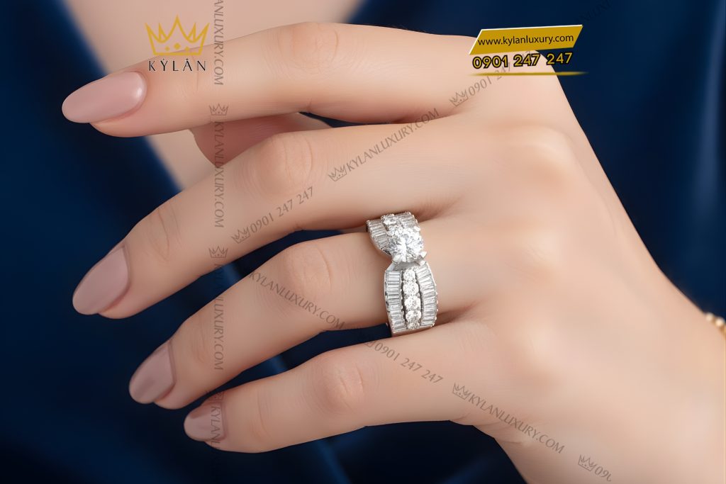 Kỳ Lân Luxury Nhan nu vang trang Au750 dinh kim cuong 9 5 Nhẫn nữ vàng trắng Au750 đính kim cương
