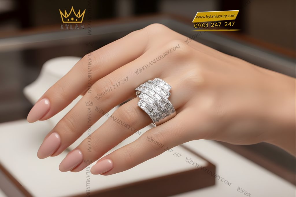 Nhẫn nữ vàng trắng Au750 đính kim cương baguette