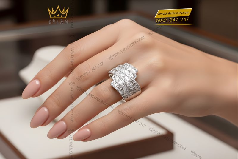 Nhẫn nữ vàng trắng Au750 đính kim cương baguette
