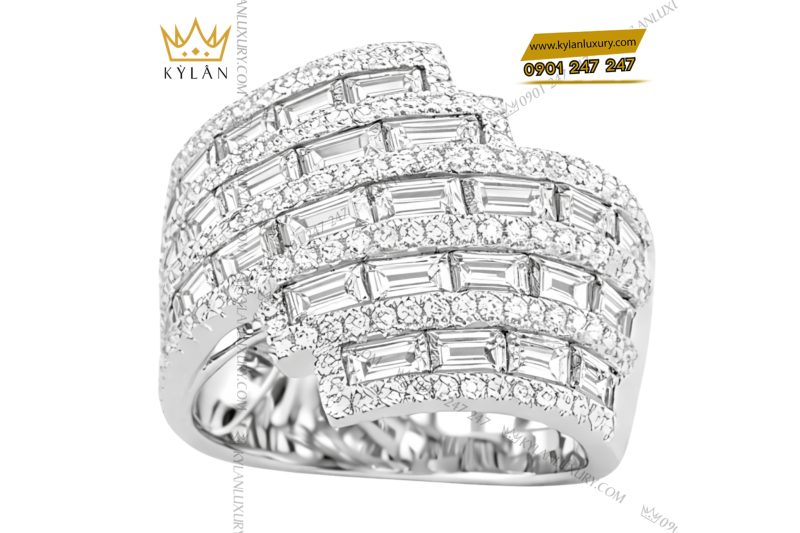 Nhẫn nữ vàng trắng Au750 đính kim cương baguette