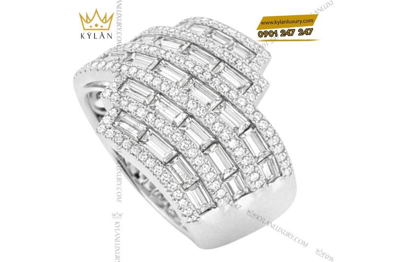Nhẫn nữ vàng trắng Au750 đính kim cương baguette