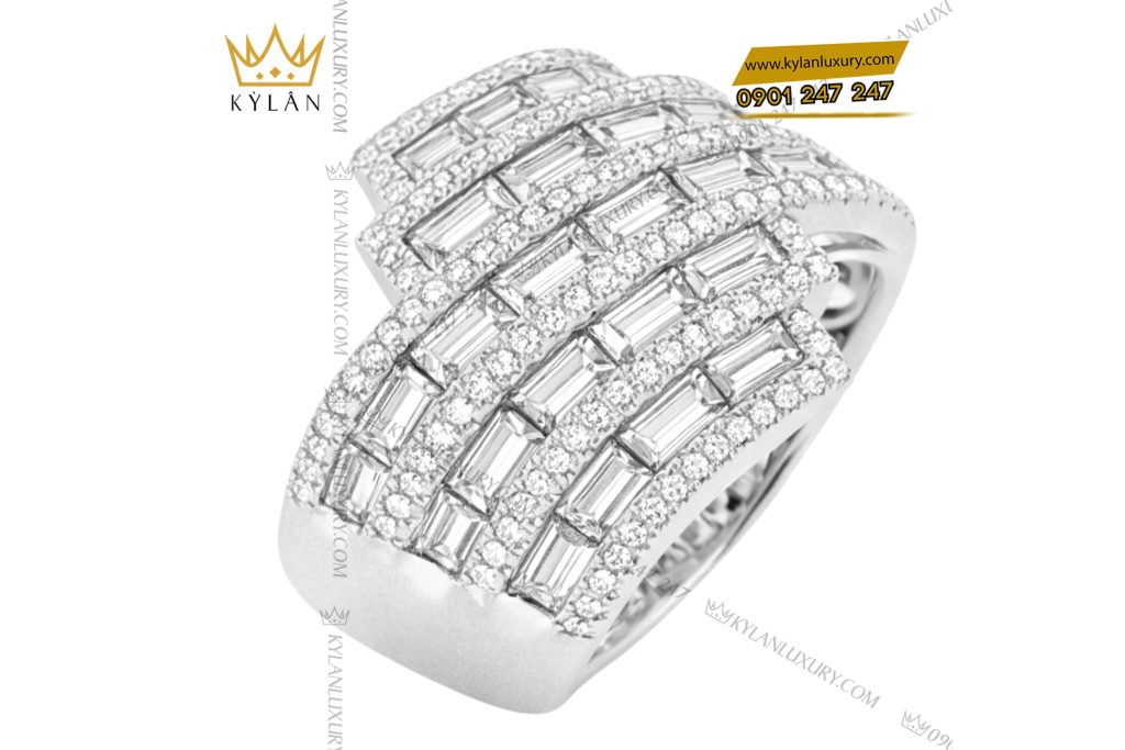 Nhẫn nữ vàng trắng Au750 đính kim cương baguette
