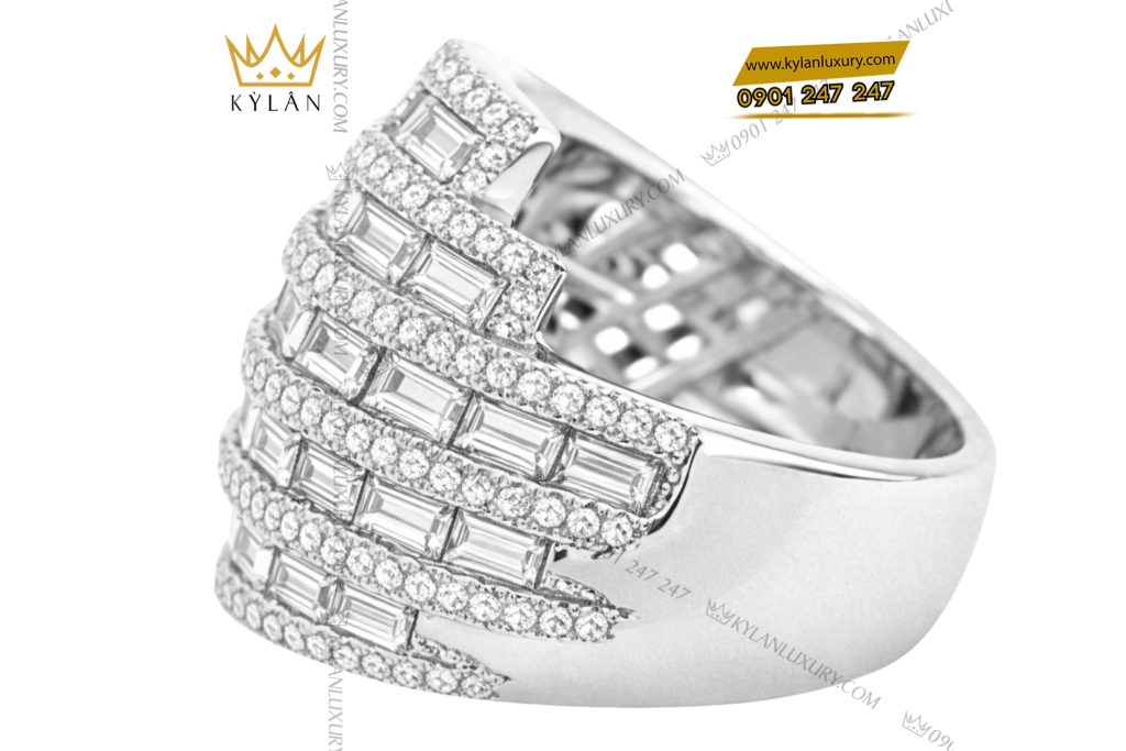 Kỳ Lân Luxury Nhan nu vang trang Au750 dinh kim cuong baguette 5 Nhẫn nữ vàng trắng Au750 đính kim cương baguette