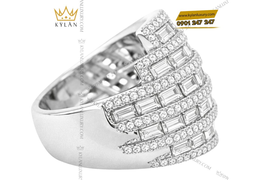 Nhẫn nữ vàng trắng Au750 đính kim cương baguette
