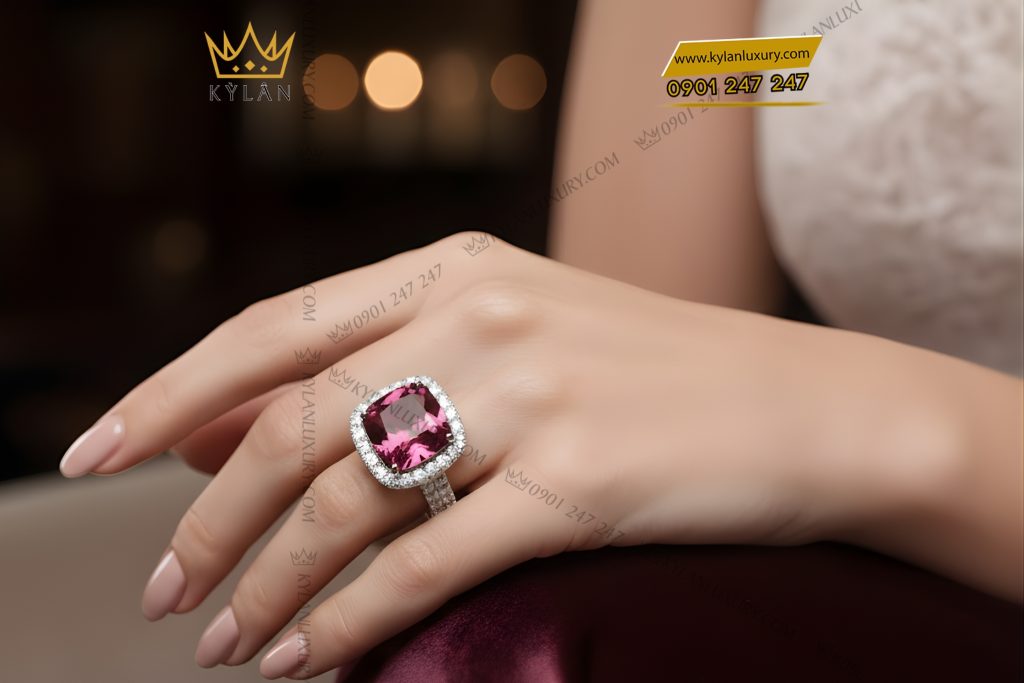 Nhẫn nữ vàng trắng Au750 đính kim cương và đá quý hồng 8 Nhẫn nữ vàng trắng Au750 đính kim cương và đá quý hồng