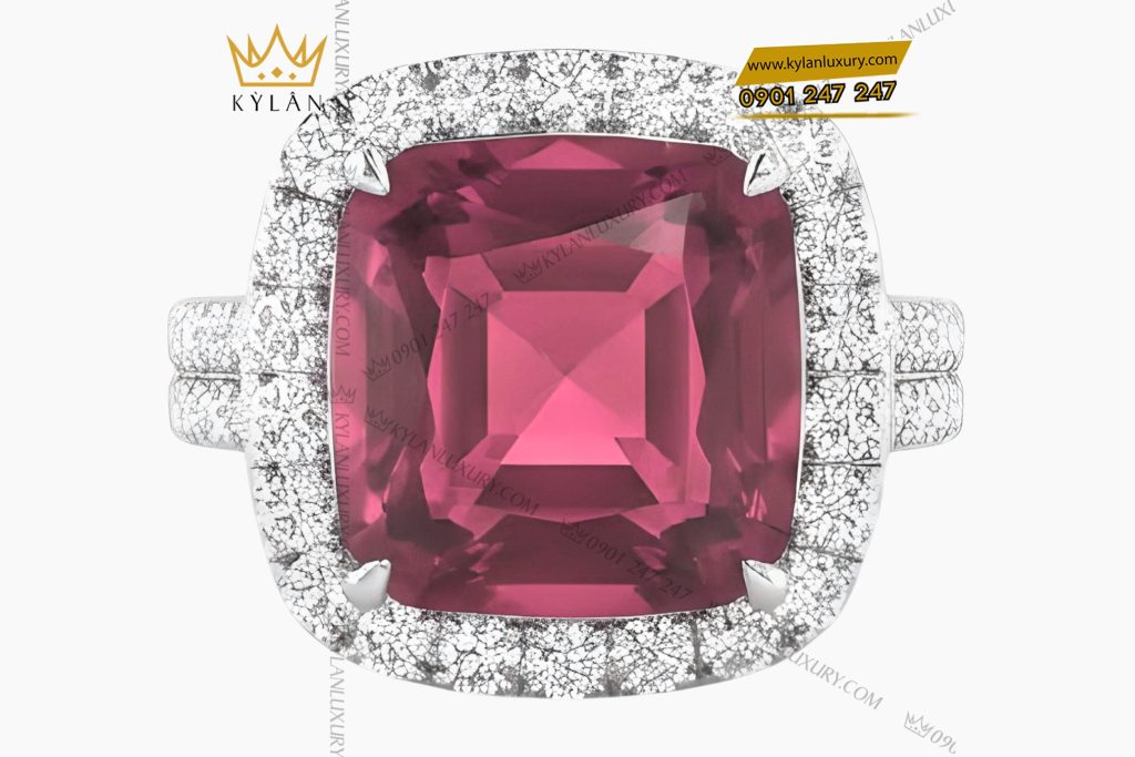 Nhẫn nữ vàng trắng Au750 đính kim cương và đá quý hồng 3 Nhẫn nữ vàng trắng Au750 đính kim cương và đá quý hồng