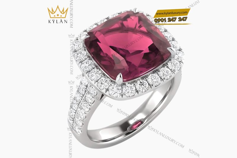 Nhẫn nữ vàng trắng Au750 đính kim cương và đá quý hồng