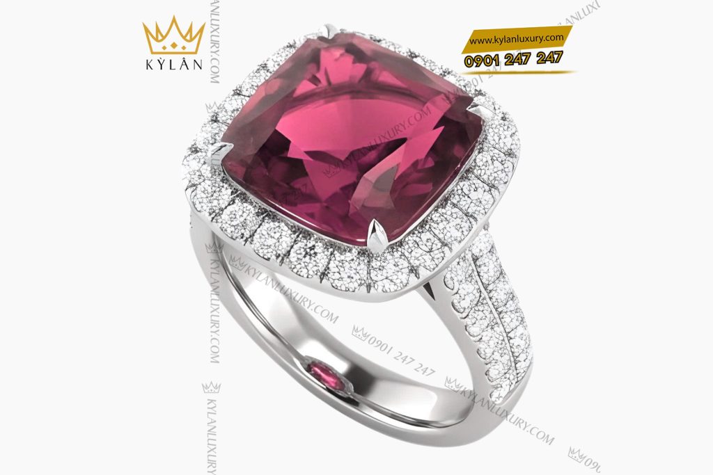 Nhẫn nữ vàng trắng Au750 đính kim cương và đá quý hồng 4 Nhẫn nữ vàng trắng Au750 đính kim cương và đá quý hồng