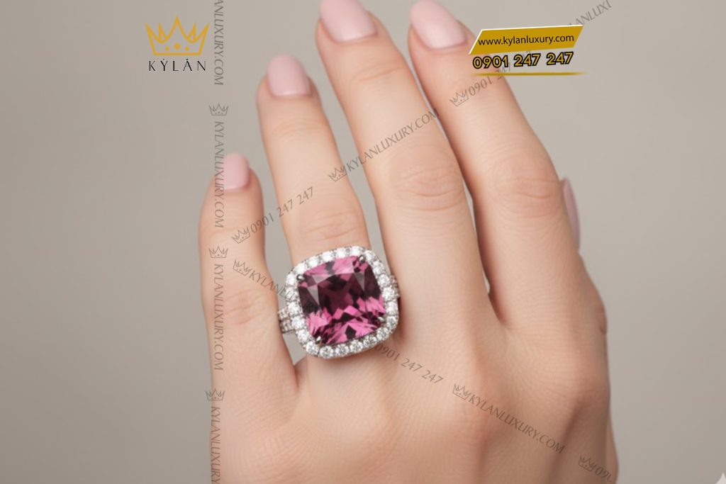 Nhẫn nữ vàng trắng Au750 đính kim cương và đá quý hồng 6 Nhẫn nữ vàng trắng Au750 đính kim cương và đá quý hồng