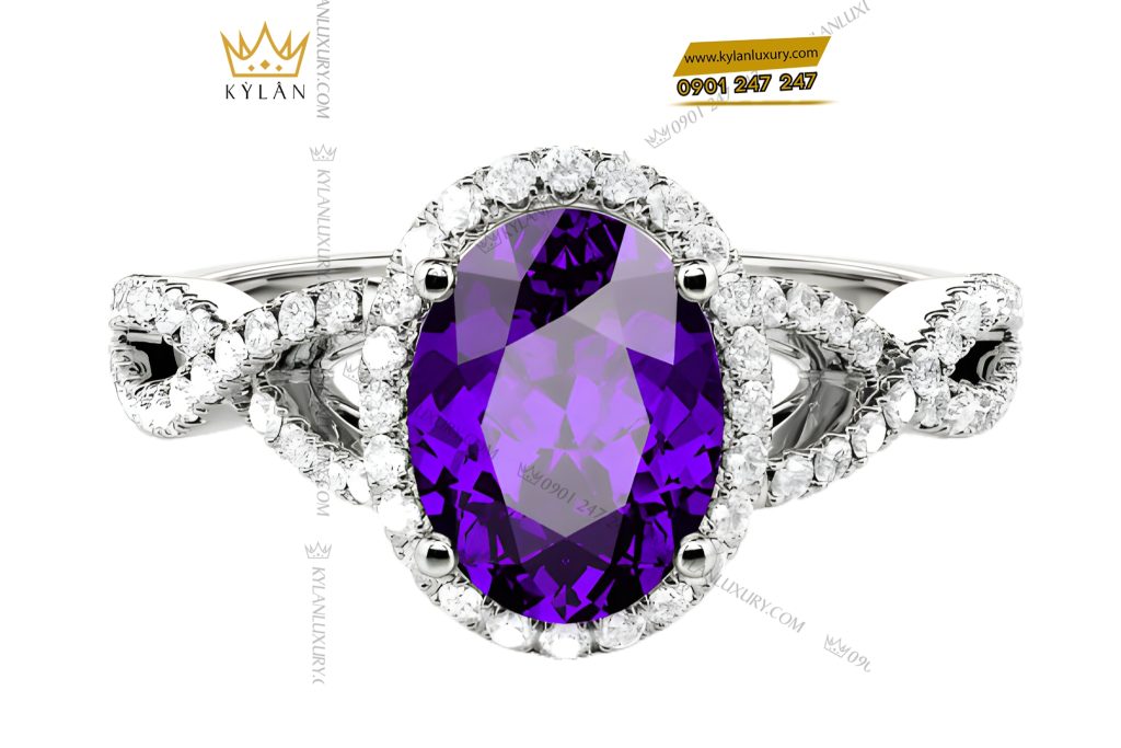 Nhẫn nữ vàng trắng Au750 đính kim cương và đá quý tím 2 Nhẫn nữ vàng trắng Au750 đính kim cương và đá quý tím