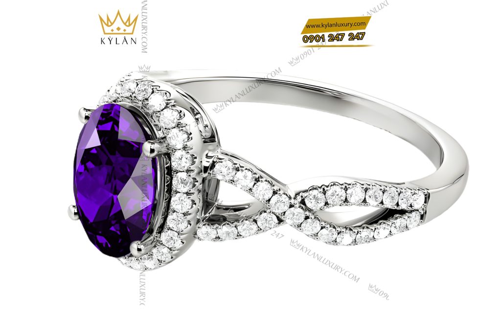 Nhẫn nữ vàng trắng Au750 đính kim cương và đá quý tím 5 Nhẫn nữ vàng trắng Au750 đính kim cương và đá quý tím