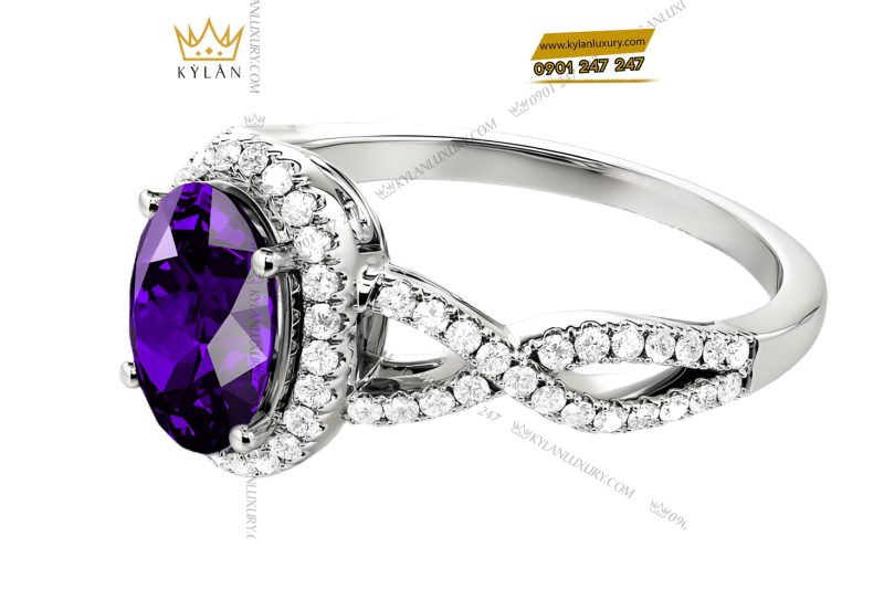 Nhẫn nữ vàng trắng Au750 đính kim cương và đá quý tím
