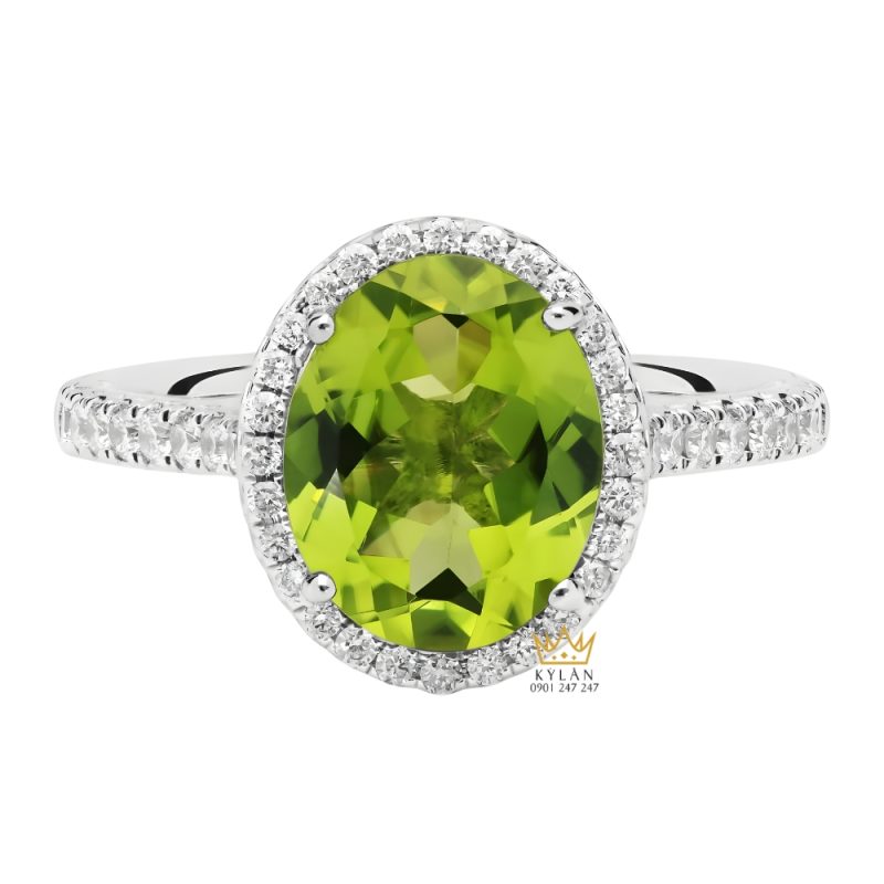 Nhẫn nữ vàng trắng Au750 đính kim cương và đá quý xanh