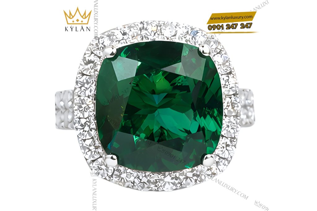 Nhẫn nữ vàng trắng Au750 đính kim cương và đá ngọc lục bảo