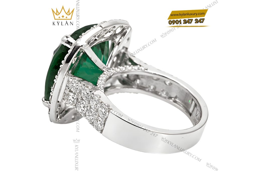Nhẫn nữ vàng trắng Au750 đính kim cương và đá ngọc lục bảo