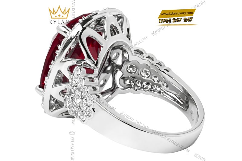 Nhẫn nữ vàng trắng Au750 đính kim cương và đá sapphire đỏ