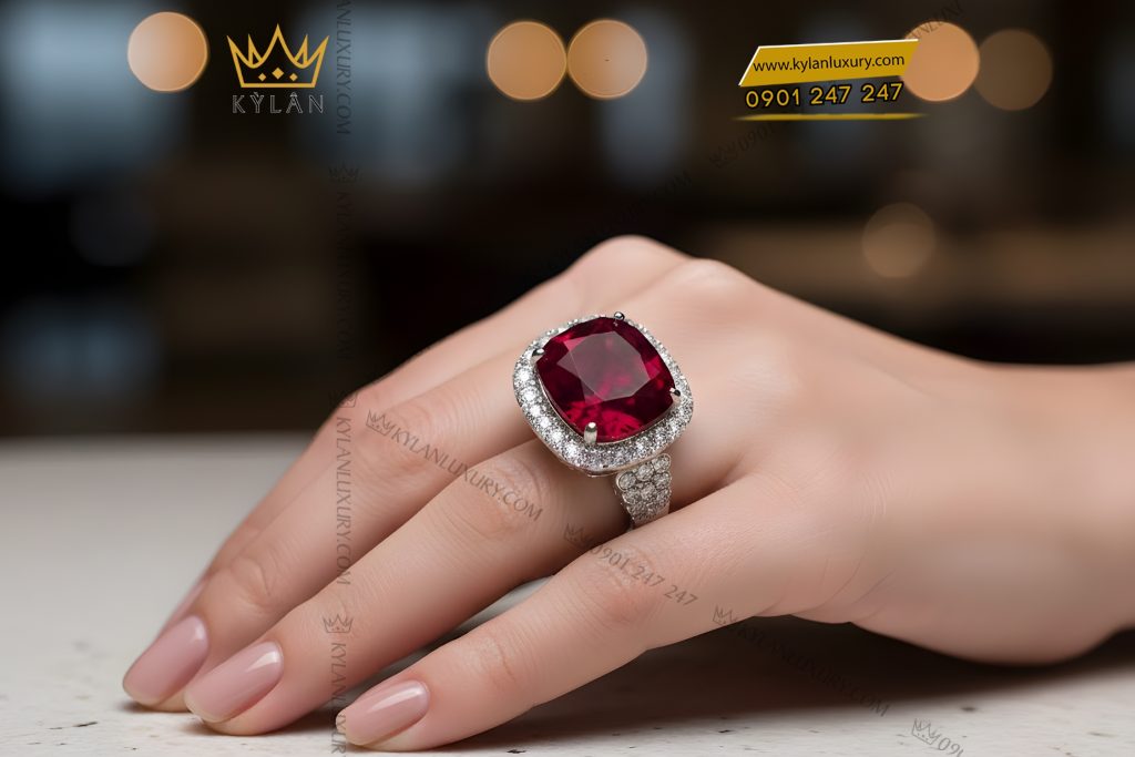 Nhẫn nữ vàng trắng Au750 đính kim cương và đá sapphire đỏ