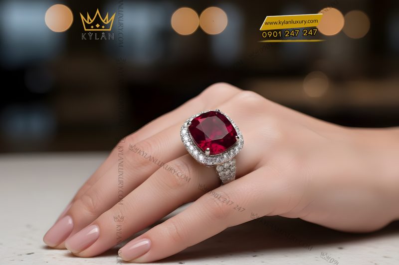 Nhẫn nữ vàng trắng Au750 đính kim cương và đá sapphire đỏ