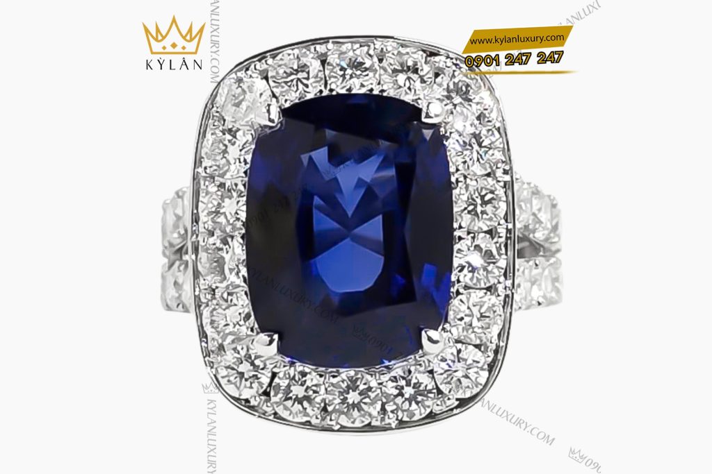 Nhẫn nữ vàng trắng Au750 đính kim cương và đá sapphire xanh