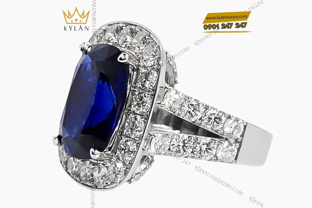 Nhẫn nữ vàng trắng Au750 đính kim cương và đá sapphire xanh