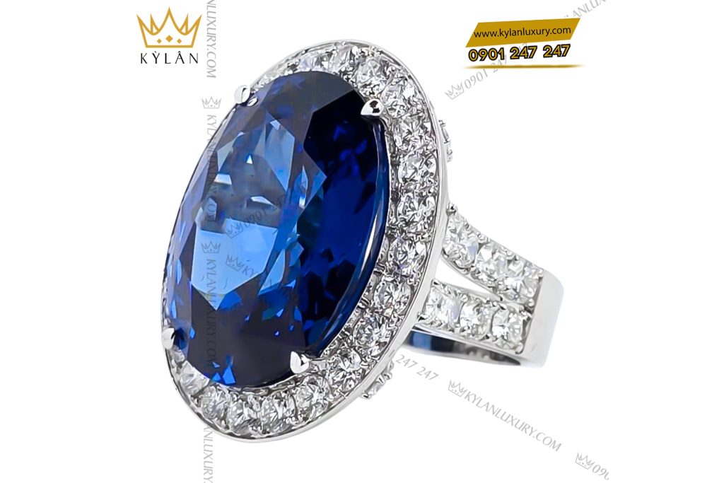 Nhẫn nữ vàng trắng Au750 đính kim cương và đá sapphire xanh 3 Nhẫn nữ vàng trắng Au750 đính kim cương và đá sapphire xanh