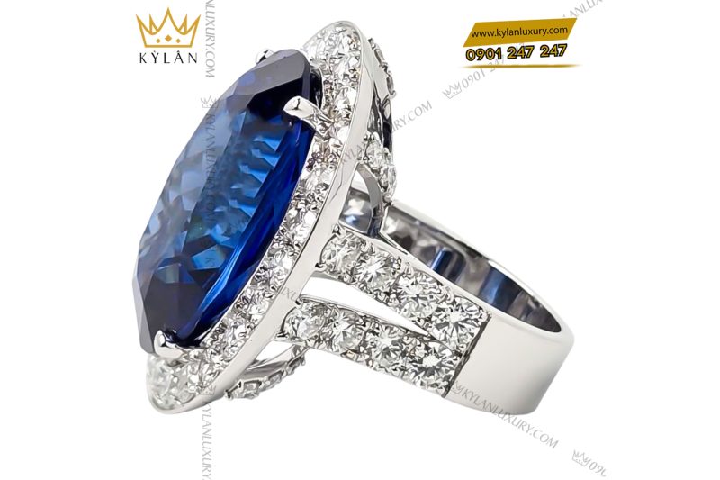 Nhẫn nữ vàng trắng Au750 đính kim cương và đá sapphire xanh