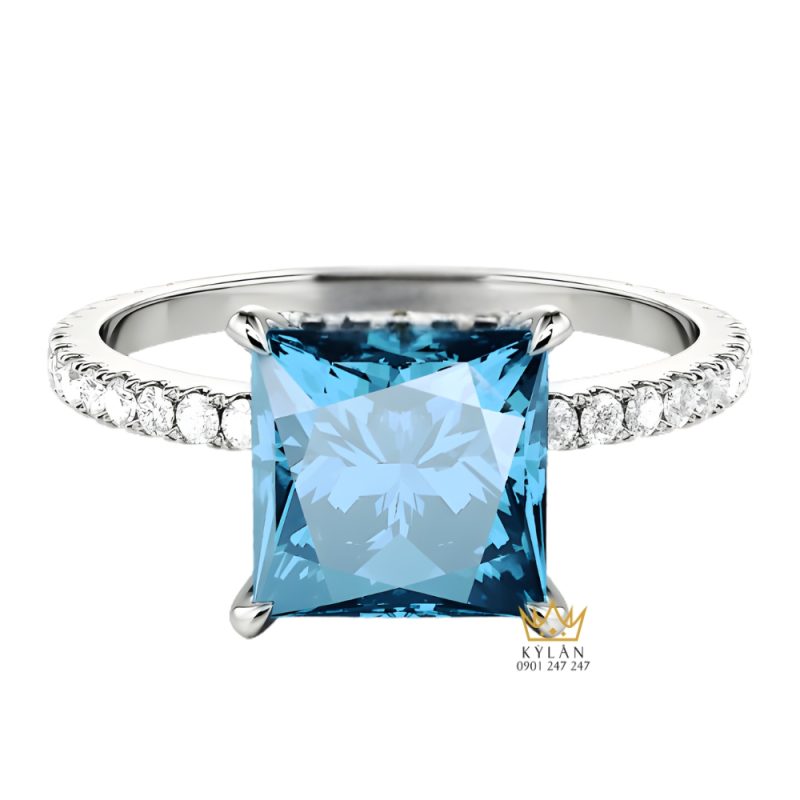 Nhẫn nữ vàng trắng Au750 đính kim cương và đá topaz