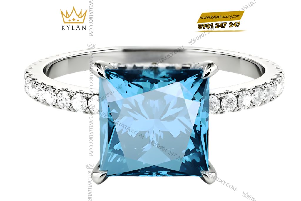 Nhẫn nữ vàng trắng Au750 đính kim cương và đá topaz 3 Nhẫn nữ vàng trắng Au750 đính kim cương và đá topaz