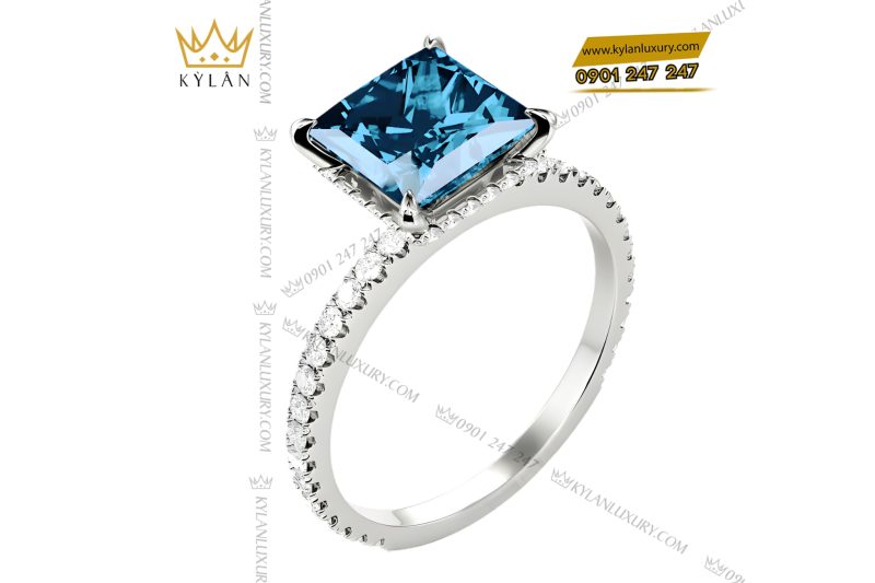Nhẫn nữ vàng trắng Au750 đính kim cương và đá topaz
