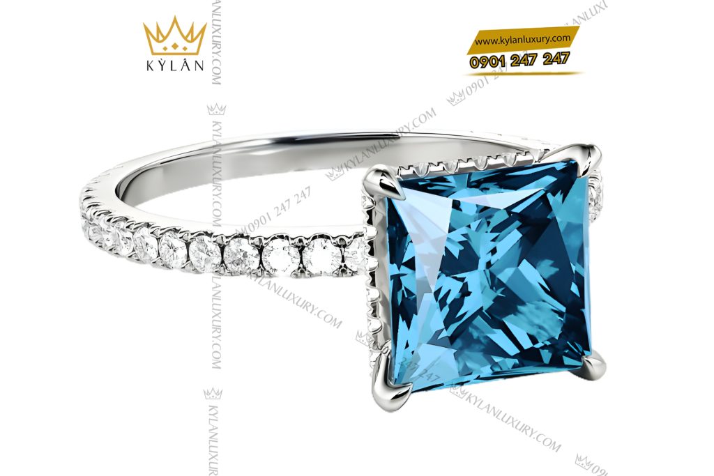 Nhẫn nữ vàng trắng Au750 đính kim cương và đá topaz 4 Nhẫn nữ vàng trắng Au750 đính kim cương và đá topaz