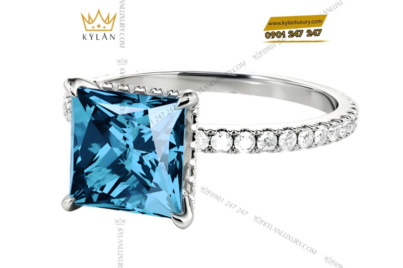 Nhẫn nữ vàng trắng Au750 đính kim cương và đá topaz