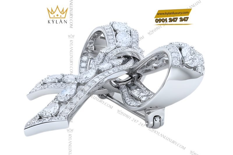 Nơ cài áo vàng trắng Au750 đính kim cương