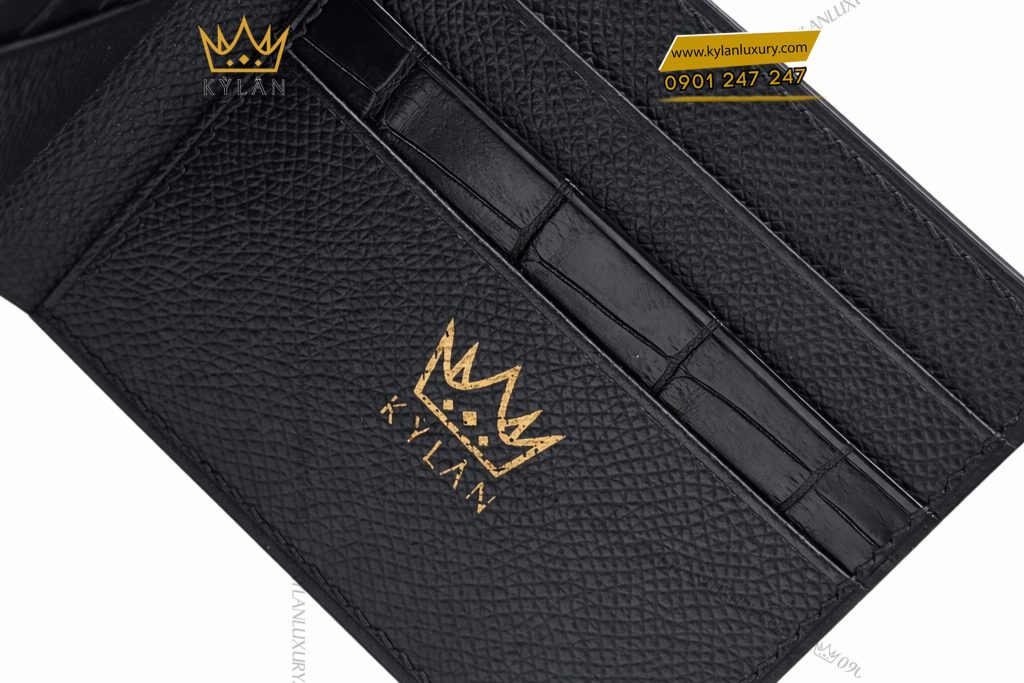 Ví nam da cá Alligator black mix da bê 6 Ví nam da cá Alligator black mix da bê