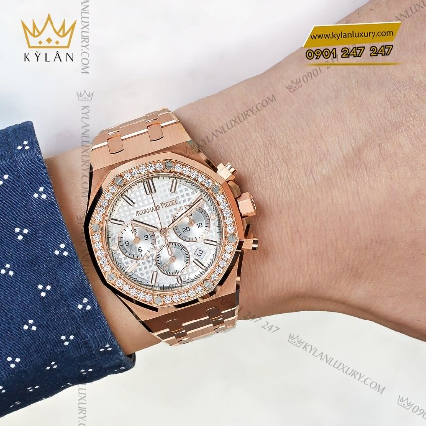 Kỳ Lân Luxury audemars piguet royal oak chronograph 38mm 26715or zz 1356or 01 8 Đồng hồ Audemars Piguet Royal Oak Chronograph 38mm vàng hồng mặt bạc