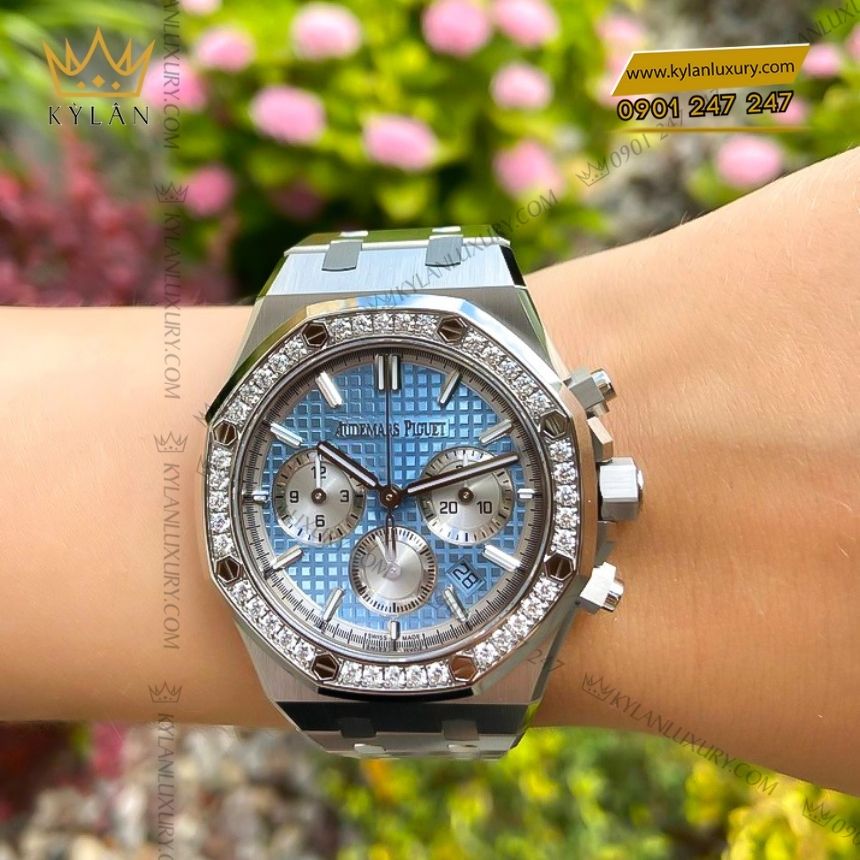 Kỳ Lân Luxury audemars piguet royal oak chronograph 38mm 26715st.zz .1356st.01 10 Đồng hồ Audemars Piuget Royal Oak Chronograph 38mm thép mặt xanh nhạt